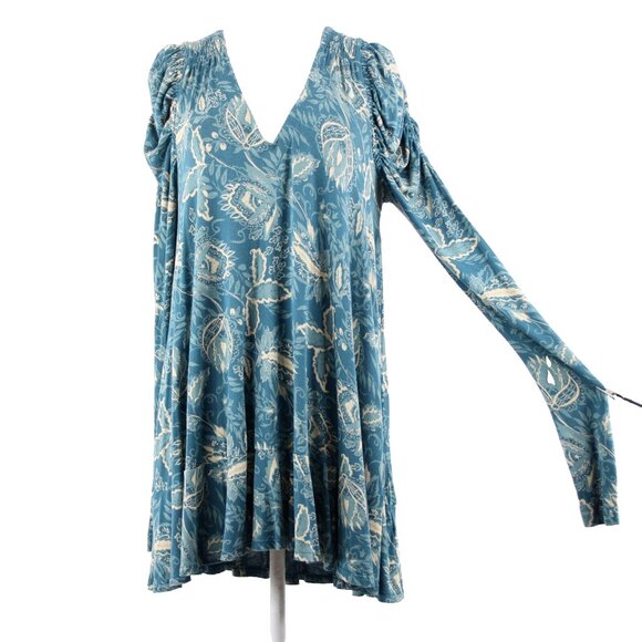 Free People Sz SP Teal Bue Cream V Neck Ruffle Hi Lo Viscose Elastane Dress - Picture 1 of 16